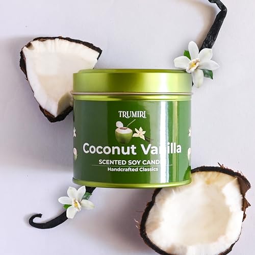 Coconut Vanilla Candle with Natural Non Toxic Soy Wax - Strong Scented Essential Oils - Home Spa Aromatherapy Meditation - Best Smelling Long Lasting 5oz