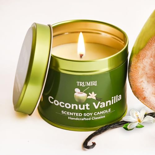 Coconut Vanilla Candle with Natural Non Toxic Soy Wax - Strong Scented Essential Oils - Home Spa Aromatherapy Meditation - Best Smelling Long Lasting 5oz