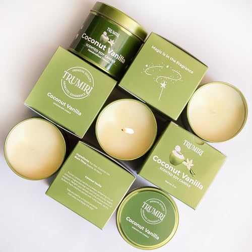 Coconut Vanilla Candle with Natural Non Toxic Soy Wax - Strong Scented Essential Oils - Home Spa Aromatherapy Meditation - Best Smelling Long Lasting 5oz