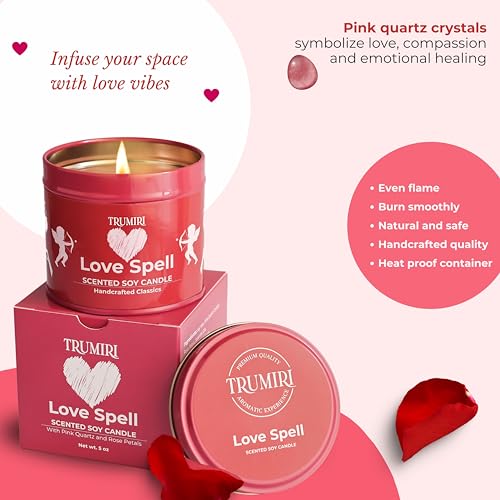 Love Spell - Scented Candle with Crystals, Rose Petals, Natural Non Toxic Soy Wax, Highly Fragrant Essential Oils for Romantic Valentines Gift Bedroom Bath - Long Lasting 5oz