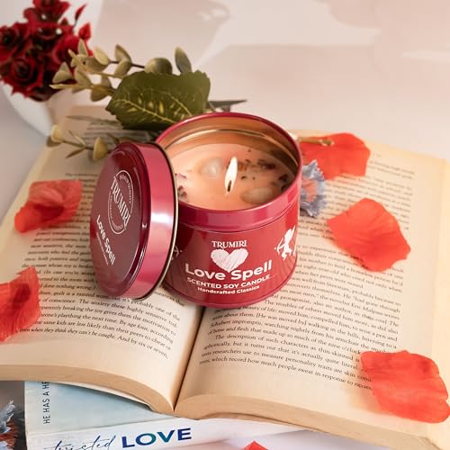 Love Spell - Scented Candle with Crystals, Rose Petals, Natural Non Toxic Soy Wax, Highly Fragrant Essential Oils for Romantic Valentines Gift Bedroom Bath - Long Lasting 5oz