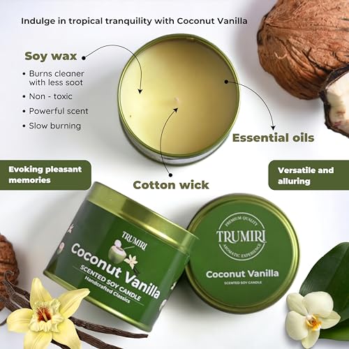 Coconut Vanilla Candle with Natural Non Toxic Soy Wax - Strong Scented Essential Oils - Home Spa Aromatherapy Meditation - Best Smelling Long Lasting 5oz