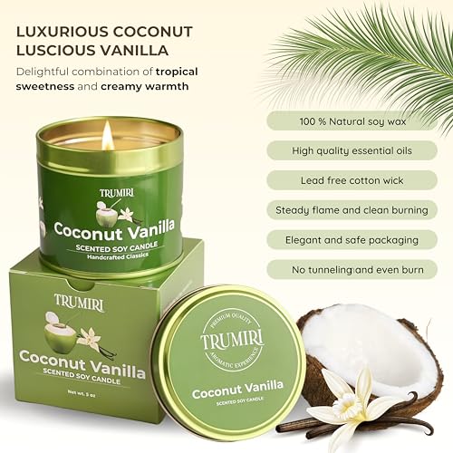 Coconut Vanilla Candle with Natural Non Toxic Soy Wax - Strong Scented Essential Oils - Home Spa Aromatherapy Meditation - Best Smelling Long Lasting 5oz