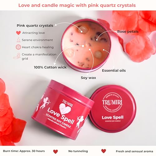 Love Spell - Scented Candle with Crystals, Rose Petals, Natural Non Toxic Soy Wax, Highly Fragrant Essential Oils for Romantic Valentines Gift Bedroom Bath - Long Lasting 5oz