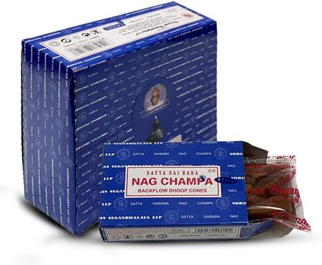 Satya Nag Champa Backflow Incense Cones - 12 Packs of 10 Nagchampa Cones - Total Approx 120 Incense Waterfall Cones