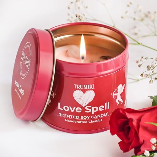 Love Spell - Scented Candle with Crystals, Rose Petals, Natural Non Toxic Soy Wax, Highly Fragrant Essential Oils for Romantic Valentines Gift Bedroom Bath - Long Lasting 5oz