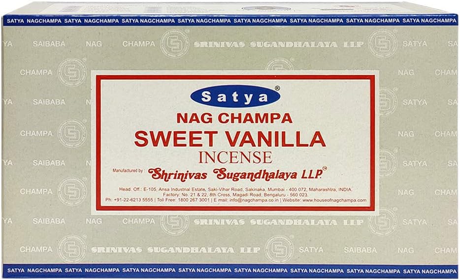 Satya Sweet Vanilla Incense Sticks - 12 Packs of 15g Agarbatti - Total Approx 180 Spiritual Sticks