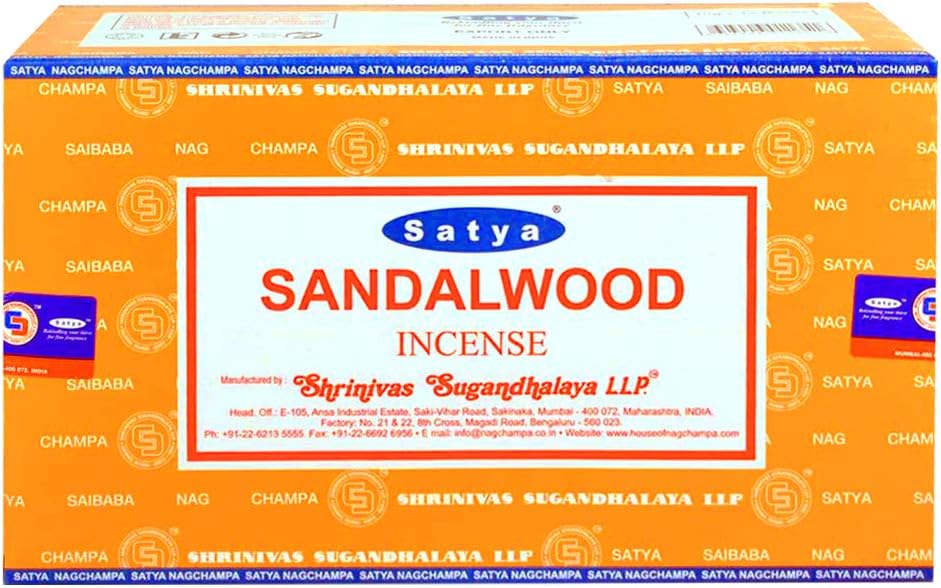 Satya Sandalwood Incense Sticks - 12 Packs of 15g Agarbatti - Total Approx 180 Spiritual Sticks