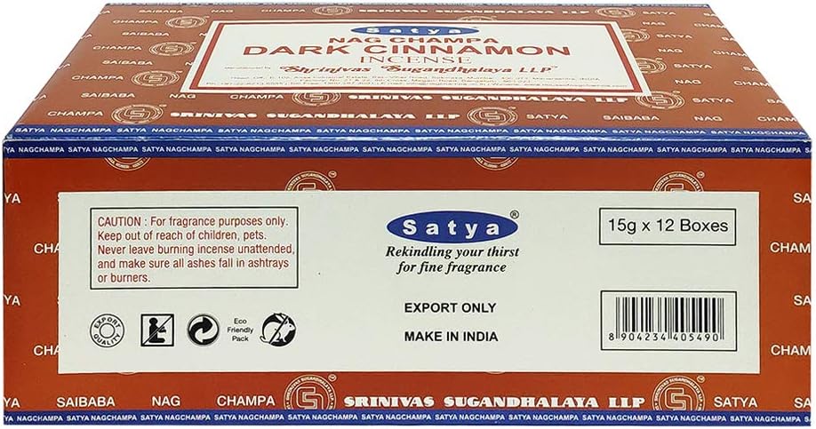 Satya Dark Cinnamon Incense Sticks - 12 Packs of 15g Agarbatti - Total Approx 180 Spiritual Sticks