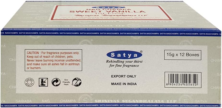 Satya Sweet Vanilla Incense Sticks - 12 Packs of 15g Agarbatti - Total Approx 180 Spiritual Sticks