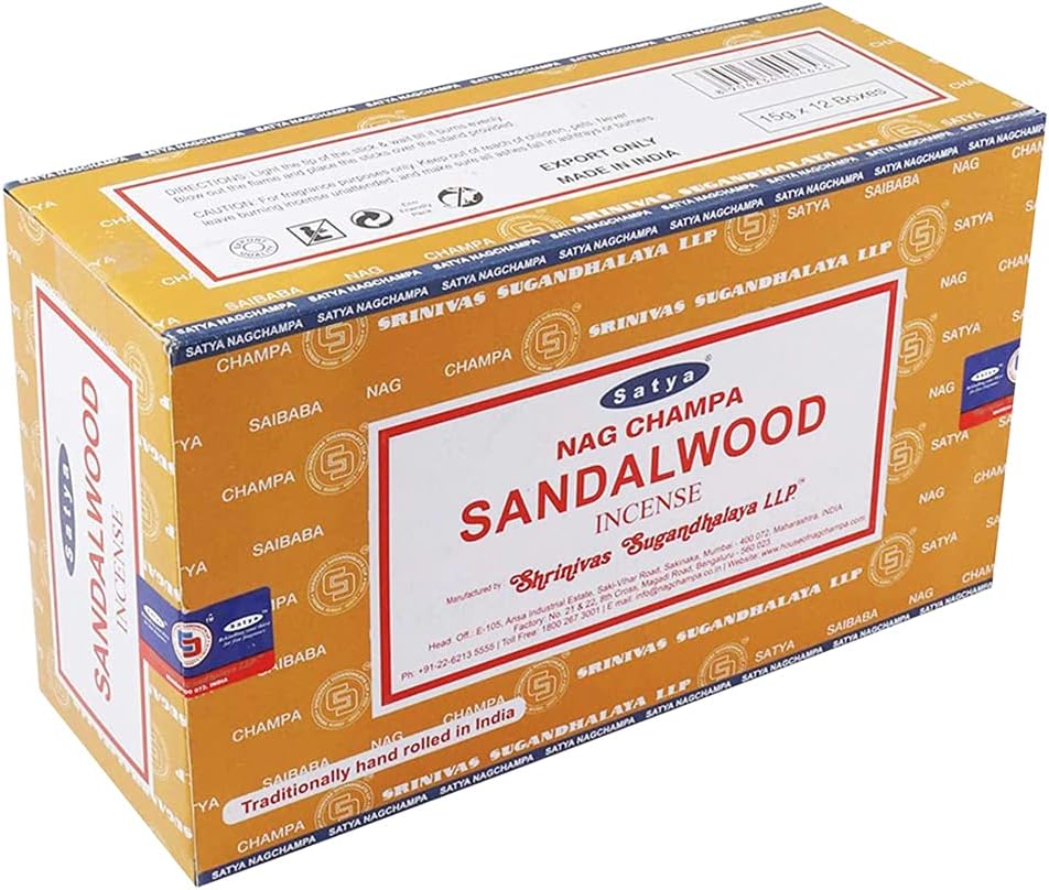 Satya Sandalwood Incense Sticks - 12 Packs of 15g Agarbatti - Total Approx 180 Spiritual Sticks