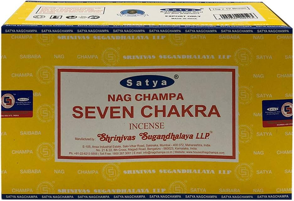 Satya Seven Chakra Incense Sticks - 12 Packs of 15g Agarbatti - Total Approx 180 Spiritual Sticks