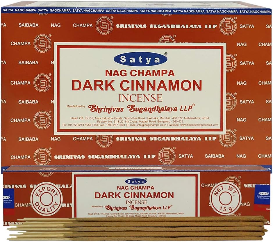 Satya Dark Cinnamon Incense Sticks - 12 Packs of 15g Agarbatti - Total Approx 180 Spiritual Sticks