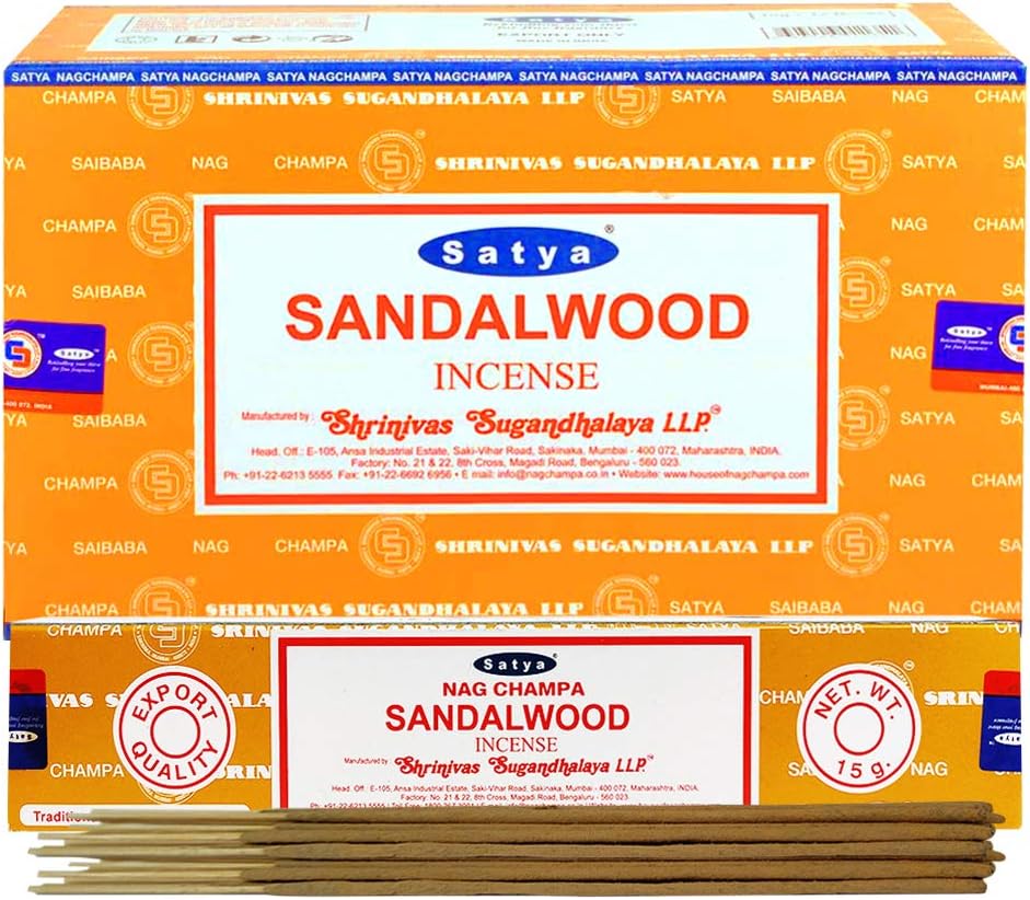 Satya Sandalwood Incense Sticks - 12 Packs of 15g Agarbatti - Total Approx 180 Spiritual Sticks