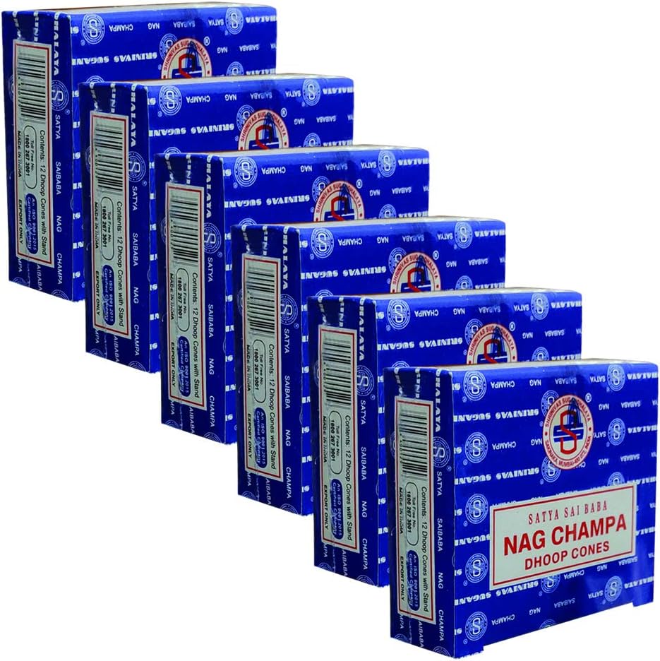 Satya Nag Champa Incense Cones - 6 Packs of 12 Nagchampa Dhoop Cones - Total Approx 72 Cones