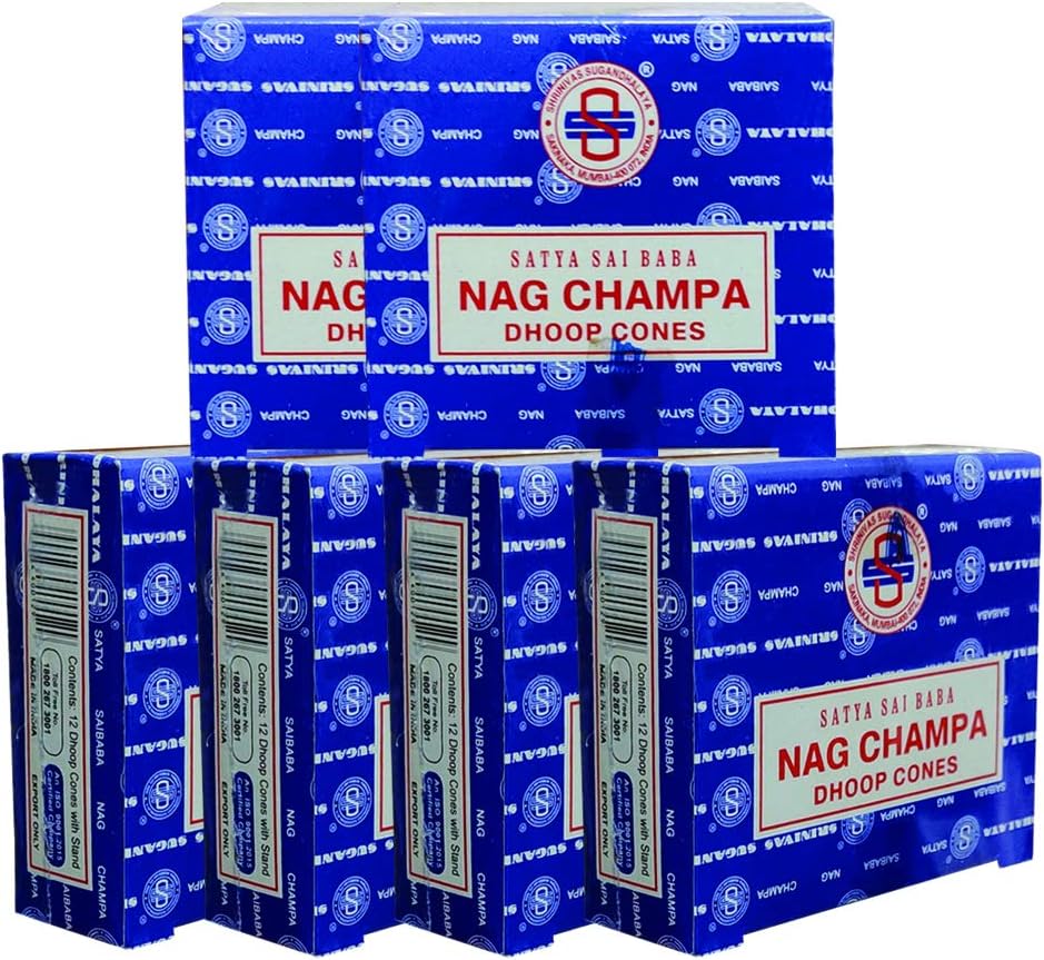 Satya Nag Champa Incense Cones - 6 Packs of 12 Nagchampa Dhoop Cones - Total Approx 72 Cones