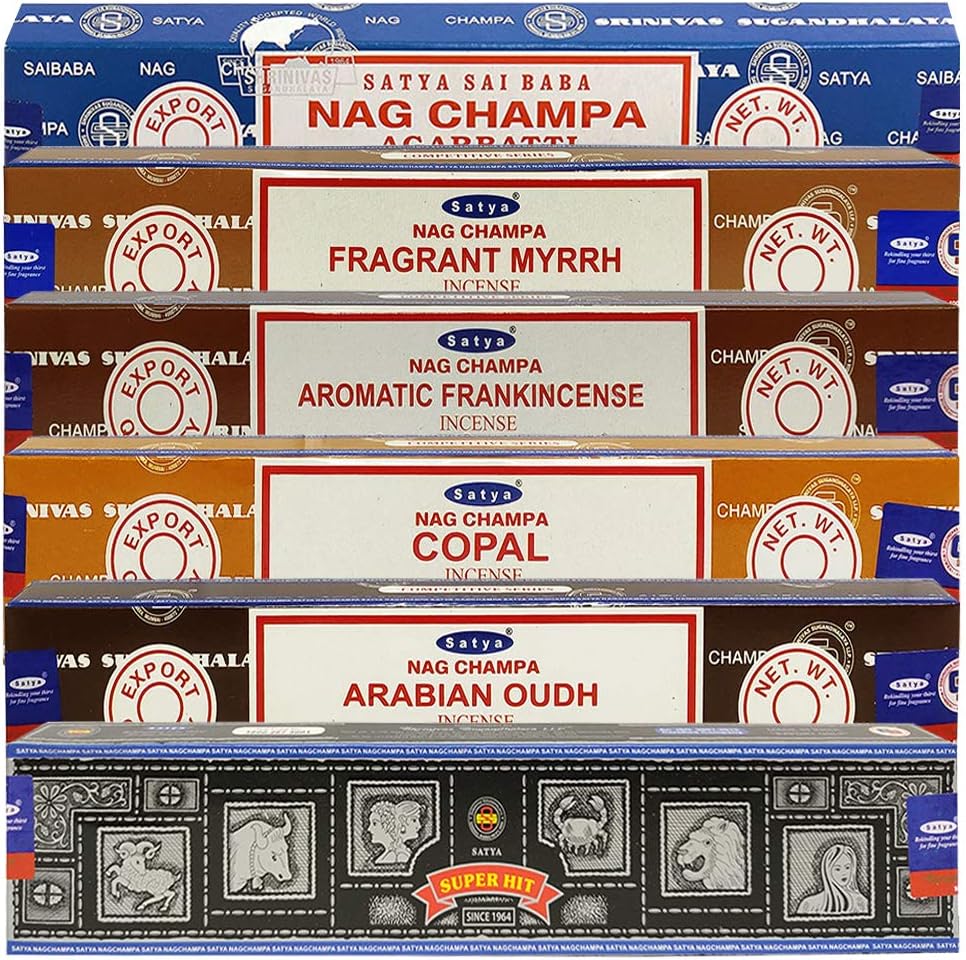 Satya Incense Sticks - Variety Pack - 6 Natural Resin Scents - 15 Agarbatti Sticks per Scent - Total Approx 90 Spiritual Sticks