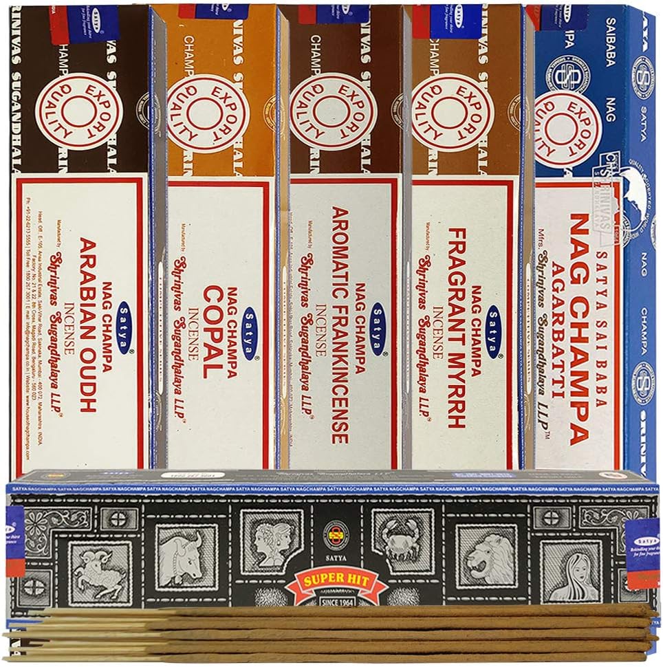 Satya Incense Sticks - Variety Pack - 6 Natural Resin Scents - 15 Agarbatti Sticks per Scent - Total Approx 90 Spiritual Sticks