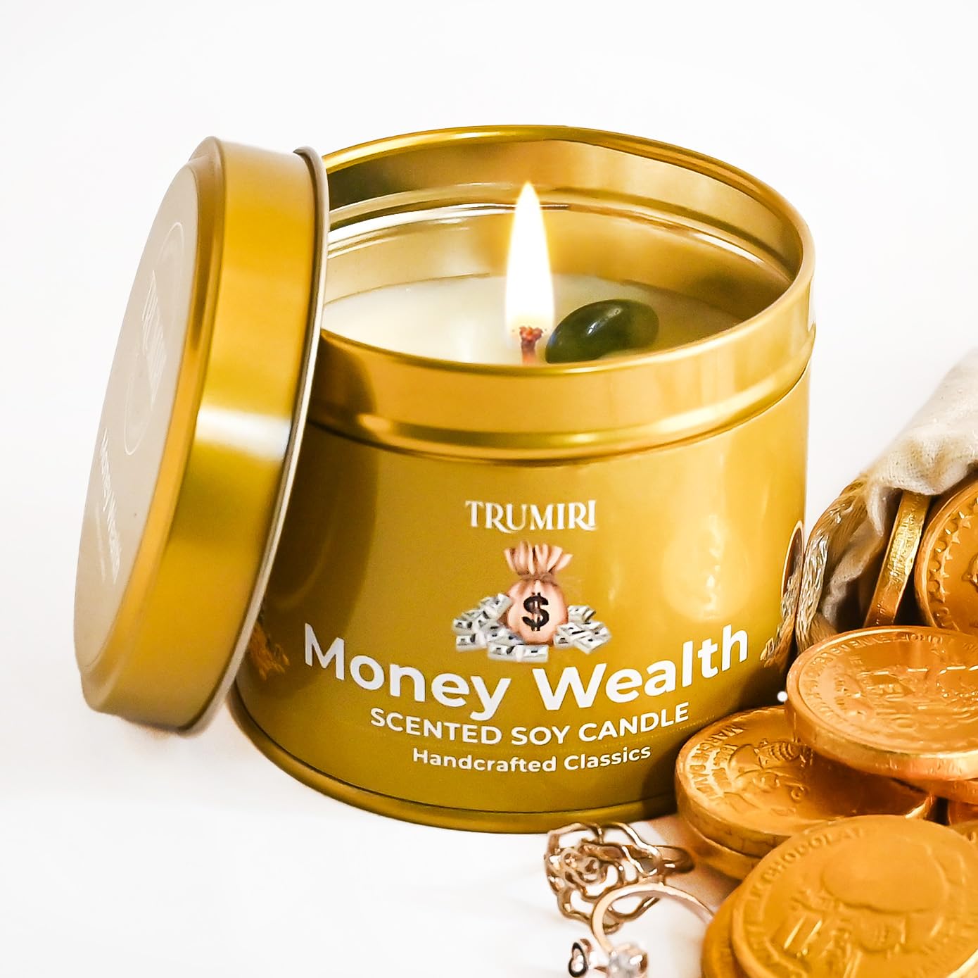 Money Candle - Scented Soy Candle with Crystals Inside, Natural Non Toxic Wax, Highly Fragrant Essential Oils, for Cash Wealth Abundance Manifestation - 5oz