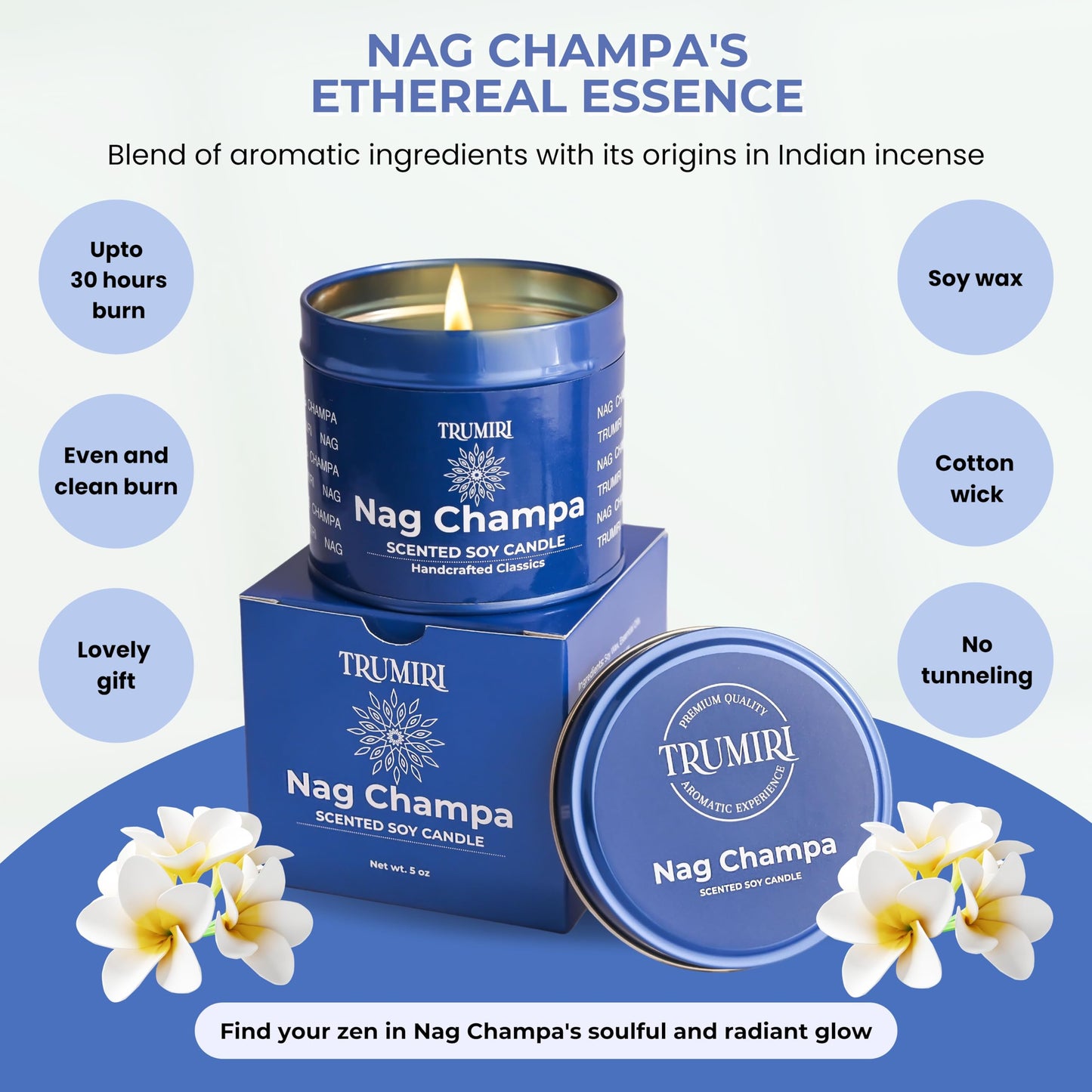 Nag Champa Scented Candle made with Natural Non Toxic Vegan Soy Wax and Highly Fragrant Long Lasting Essential Oils for Home Aromatherapy Meditation - 5oz Travel Tin