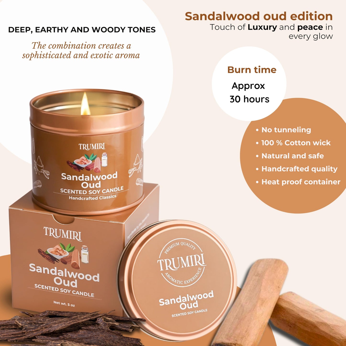 Sandalwood Oud Candle with Natural Non Toxic Vegan Soy Wax and Essential Oils - Highly Scented, Long Lasting - Gift for Men, Boys, Room Décor, Home - 5oz Travel Tin