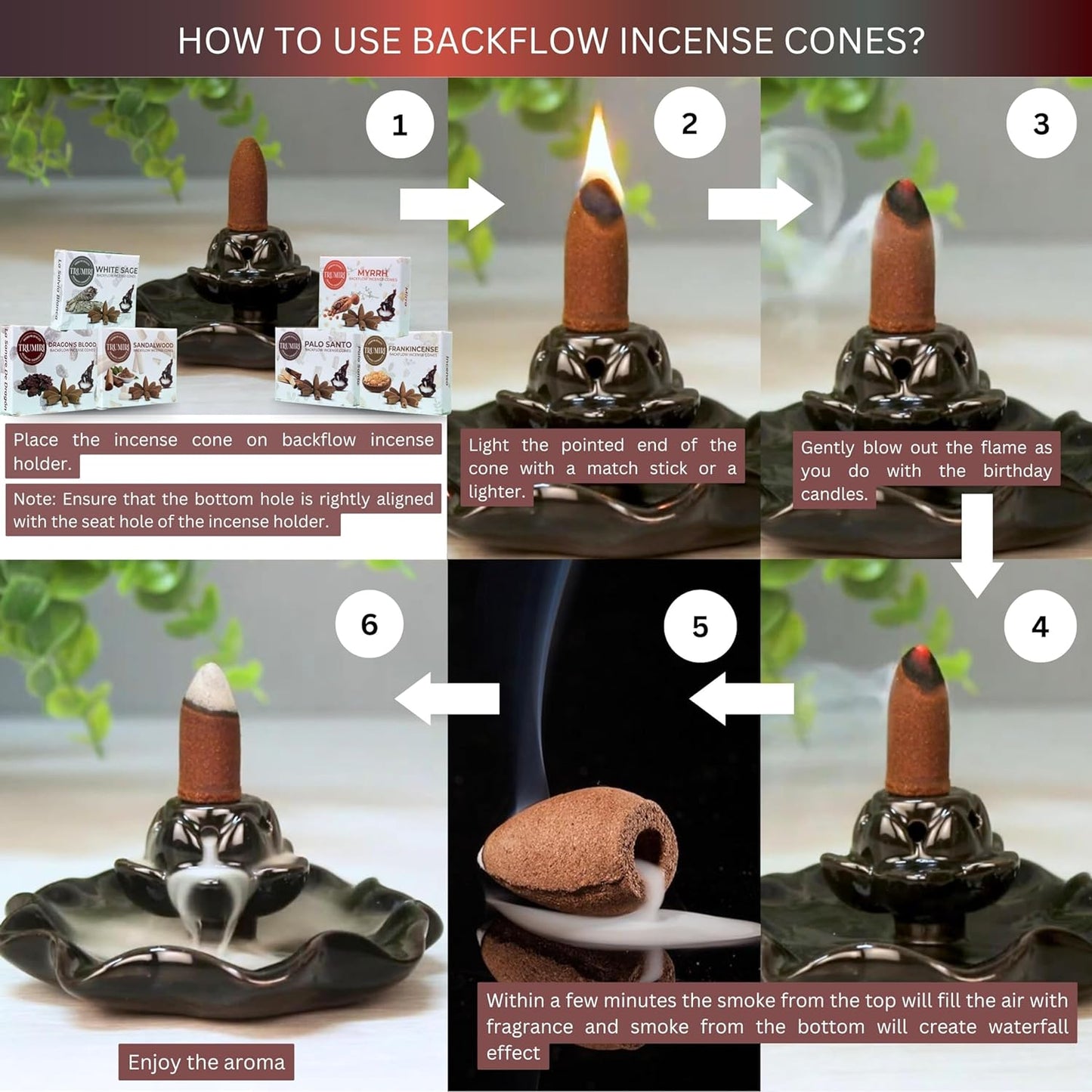 Woody Scents Backflow Incense Cones Variety Pack of 6 Scents with 10 Waterfall Cones per Scent - Total 60 Cones