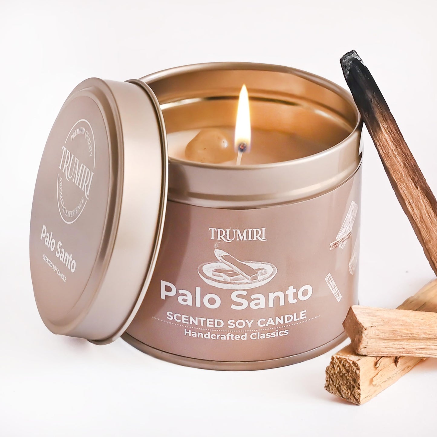 Palo Santo Candle with Crystals, Natural Non Toxic Soy Wax, Highly Fragrant Essential Oils, Masculine Scented for Men, Home and Room Décor - Long Lasting 5oz