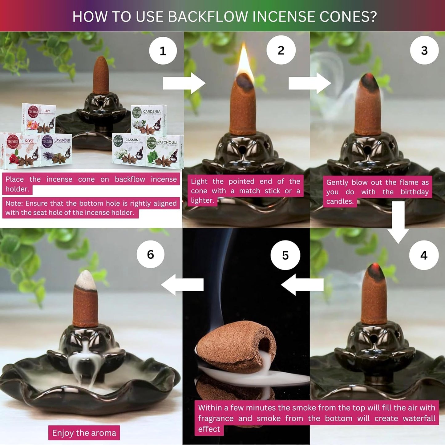 Floral Scents Backflow Incense Cones Variety Pack of 6 Scents with 10 Waterfall Cones per Scent - Total 60 Cones