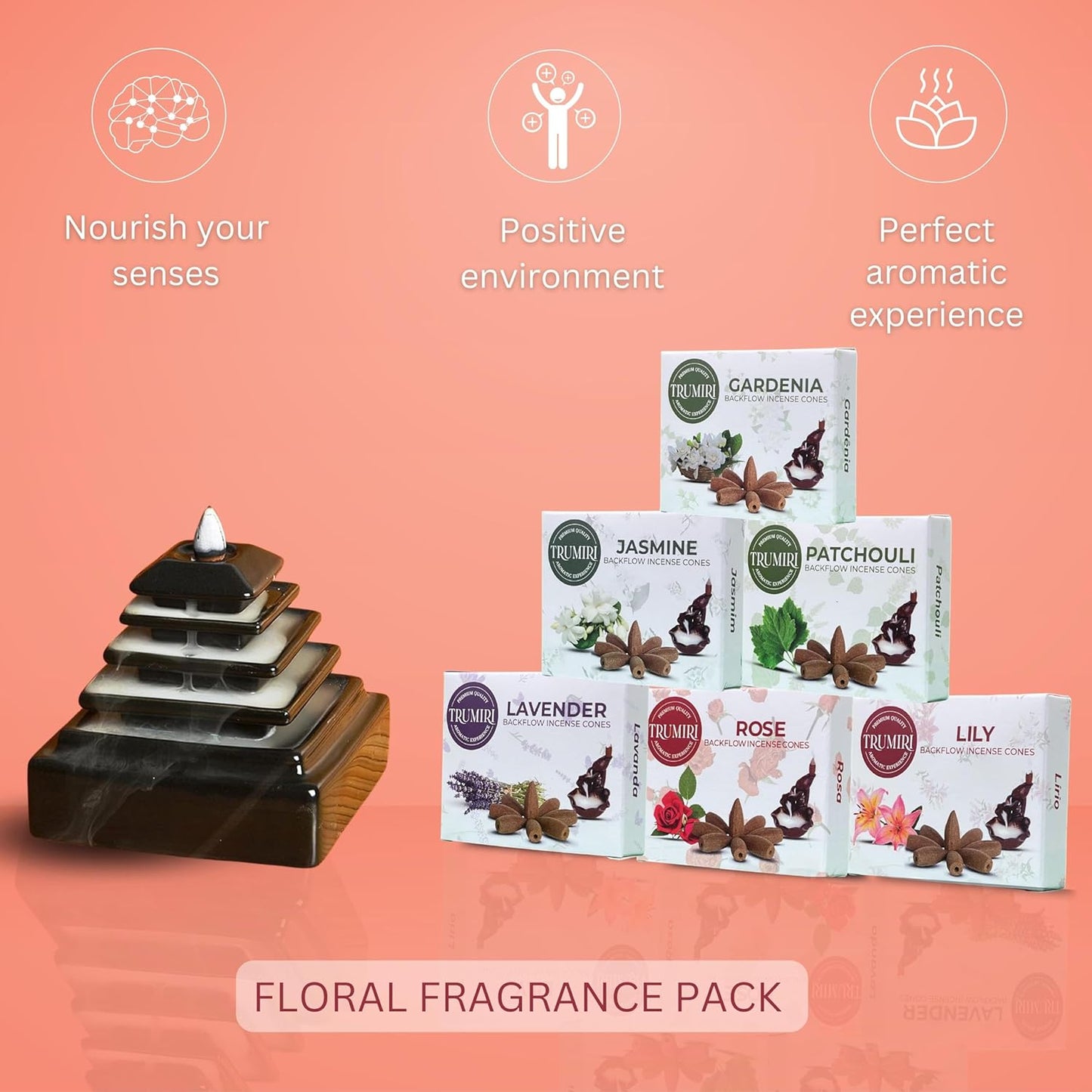 Floral Scents Backflow Incense Cones Variety Pack of 6 Scents with 10 Waterfall Cones per Scent - Total 60 Cones