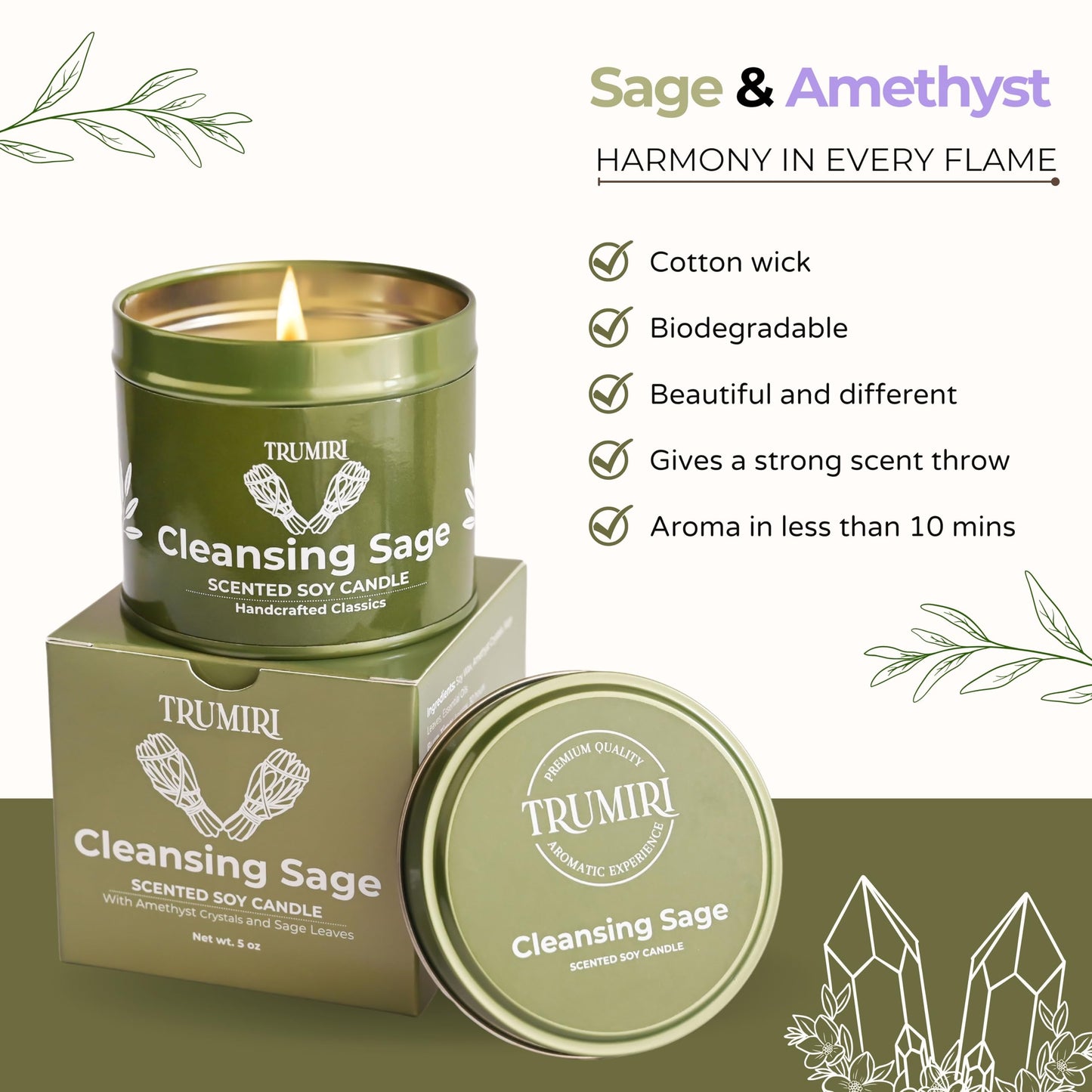 Cleansing Sage Candle with Crystals, Natural Non Toxic Soy Wax, Highly Fragrant Essential Oils, for Smudging and Removing Negative Energy from Home - Long Lasting 5oz