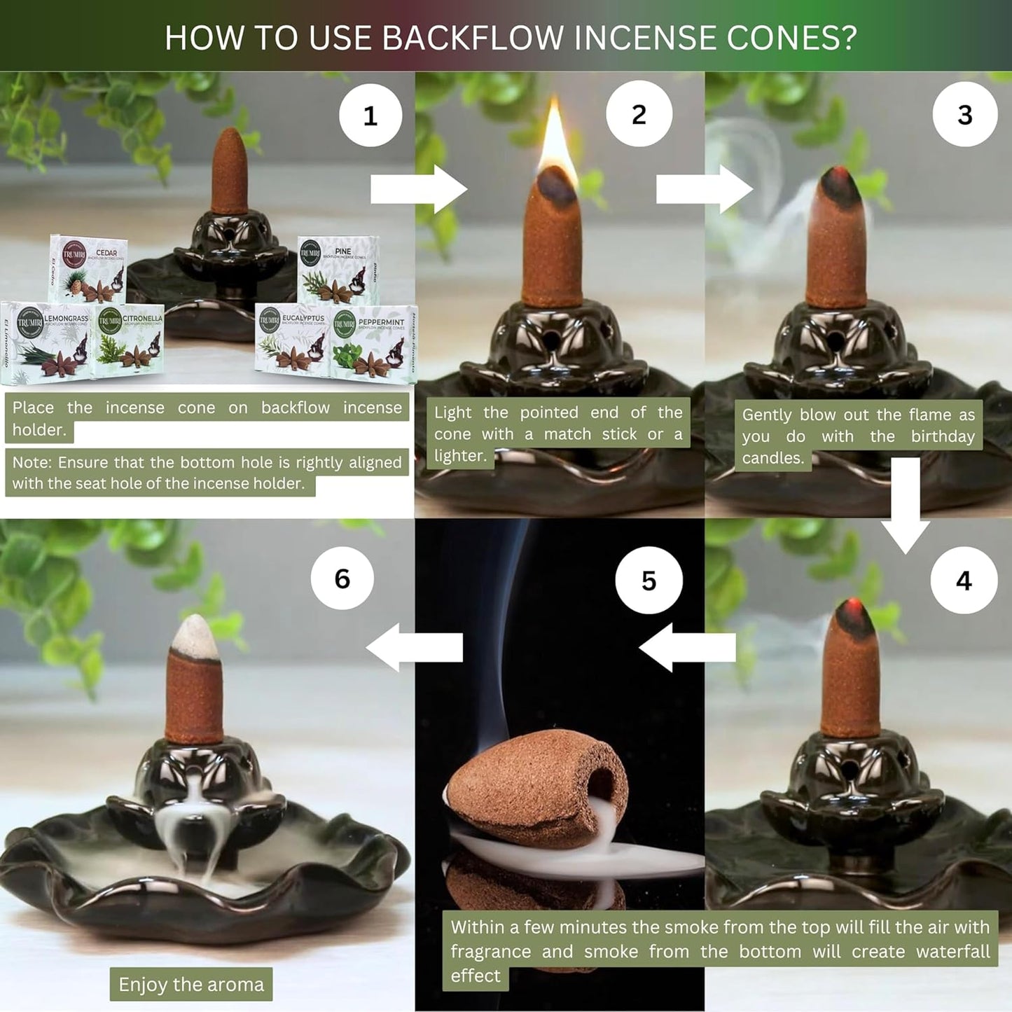 Leafy Scents Backflow Incense Cones Variety Pack of 6 Scents with 10 Waterfall Cones per Scent - Total 60 Cones