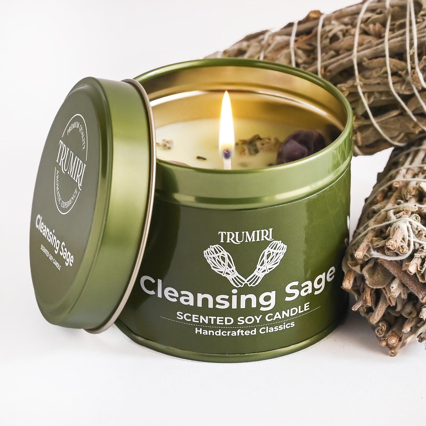 Cleansing Sage Candle with Crystals, Natural Non Toxic Soy Wax, Highly Fragrant Essential Oils, for Smudging and Removing Negative Energy from Home - Long Lasting 5oz