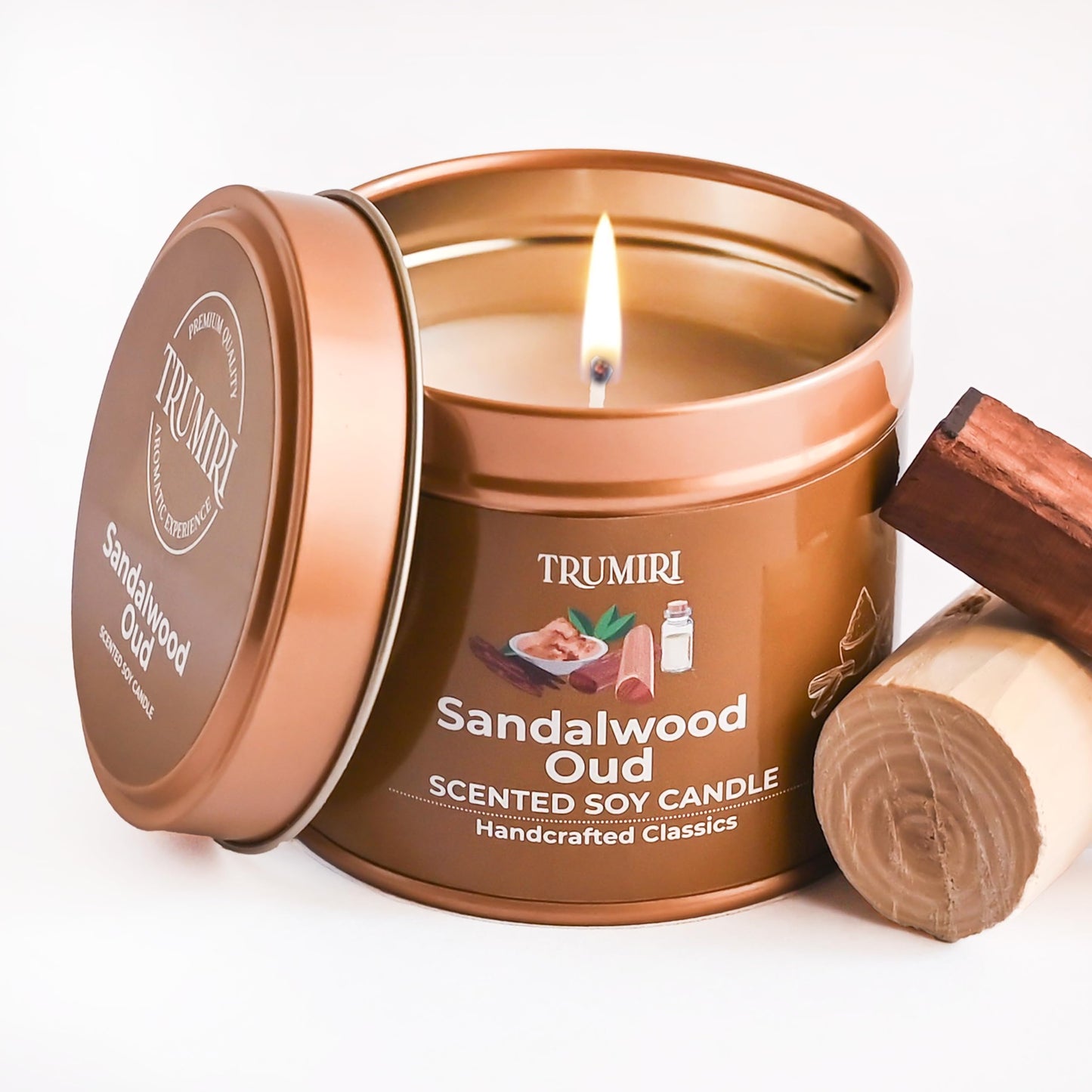 Sandalwood Oud Candle with Natural Non Toxic Vegan Soy Wax and Essential Oils - Highly Scented, Long Lasting - Gift for Men, Boys, Room Décor, Home - 5oz Travel Tin