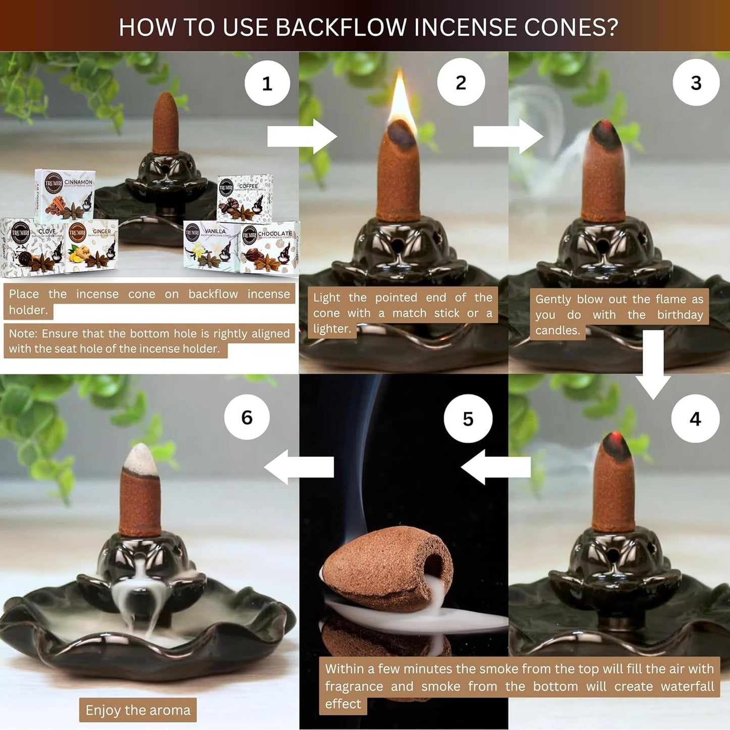 Gourmet Scents Backflow Incense Cones Variety Pack of 6 Scents with 10 Waterfall Cones per Scent - Total 60 Cones