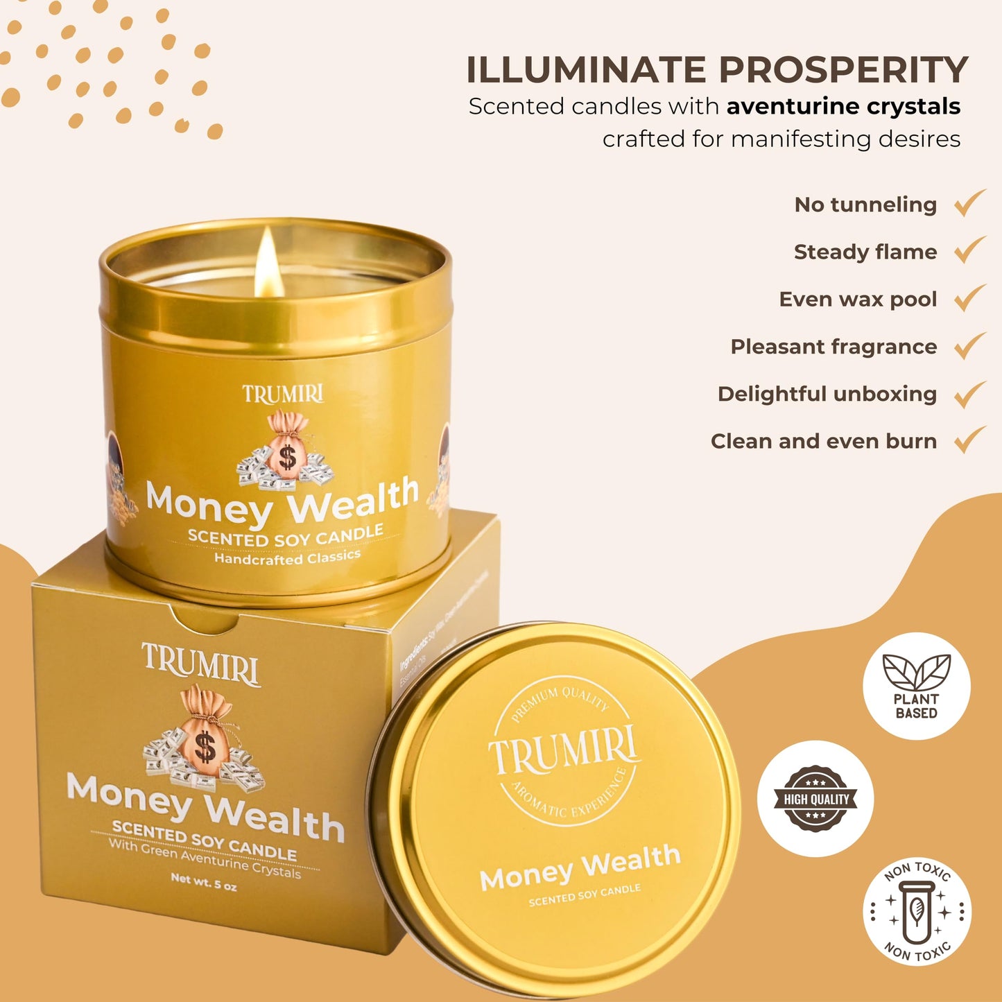 Money Candle - Scented Soy Candle with Crystals Inside, Natural Non Toxic Wax, Highly Fragrant Essential Oils, for Cash Wealth Abundance Manifestation - 5oz