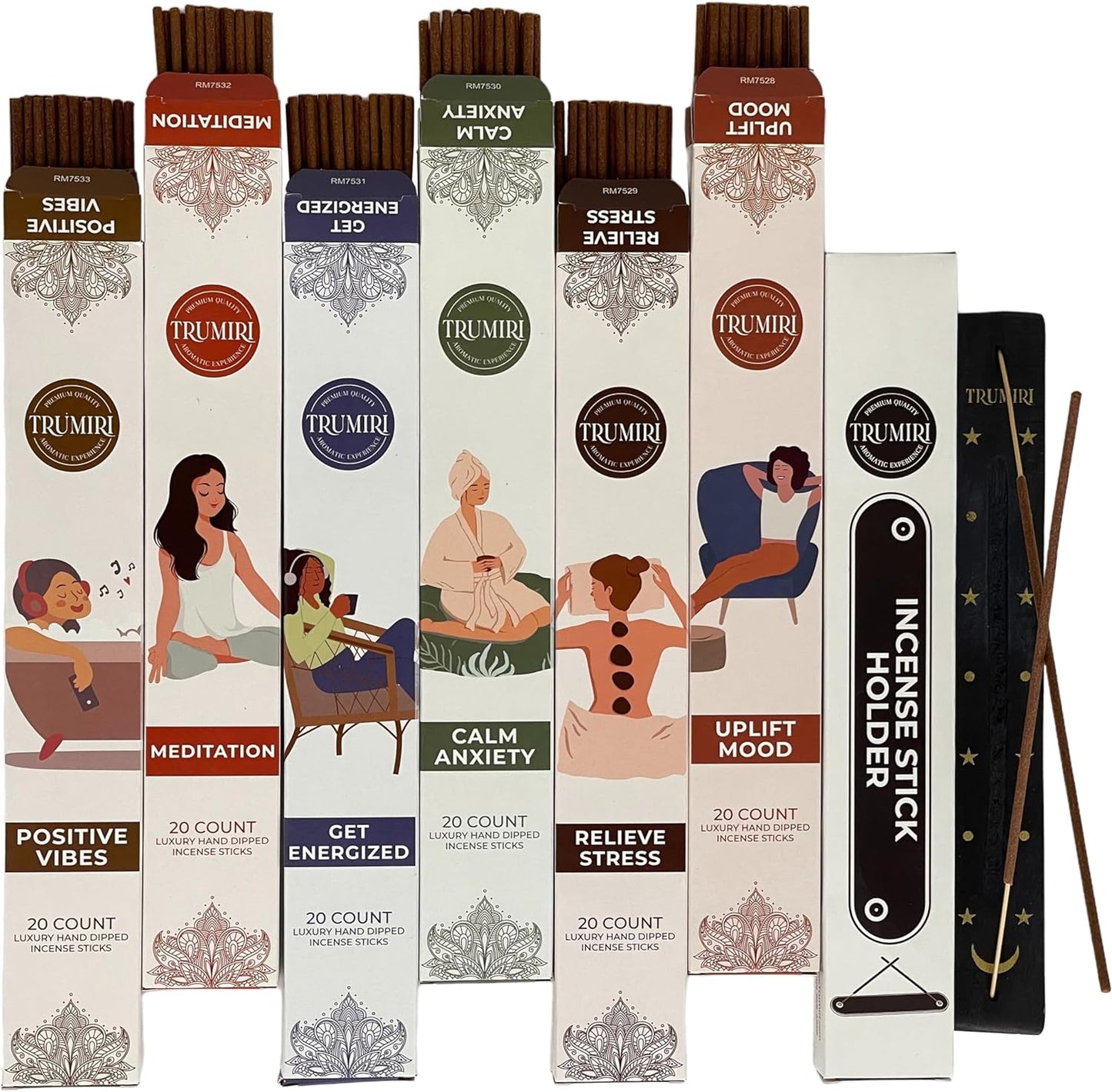 Aromatherapy Incense Sticks Variety Pack with Incense Holder - 6 Scents - 20 Sticks/Scent - Total 120 Sticks - Incienso Sahumerio Agarbatti