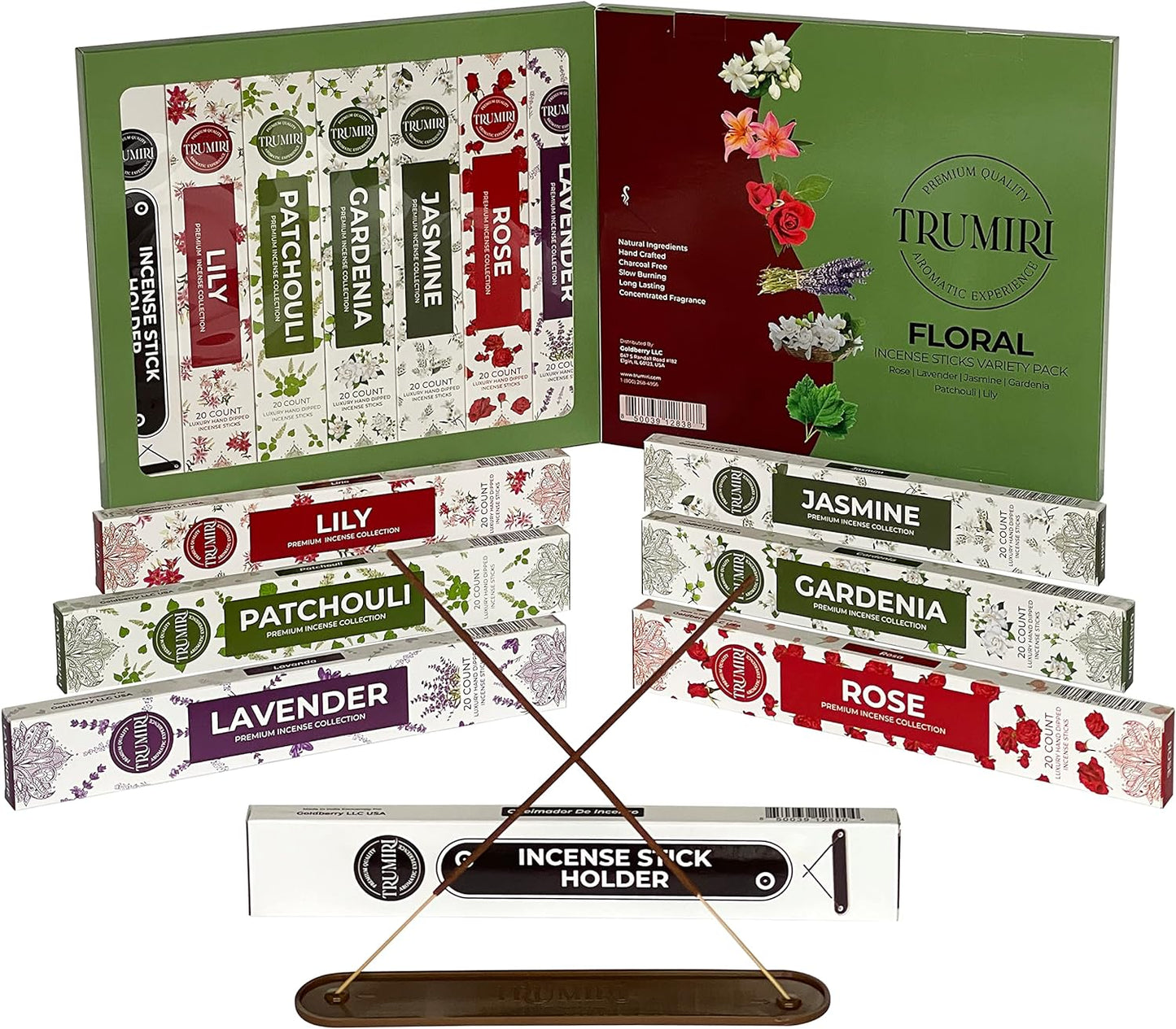 Floral Incense Sticks Variety Pack with Incense Holder - 6 Scents - 20 Sticks/Scent - Total 120 Sticks - Incienso Sahumerio Agarbatti Joss Sticks