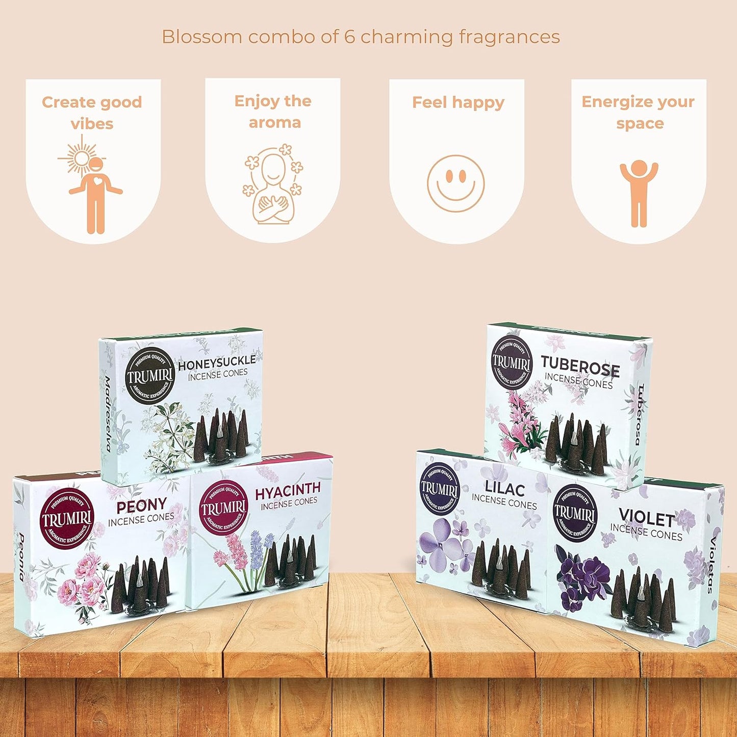 Blossom Scents Incense Cones Variety Pack of 6 Scents with 10 Cones per Scent - Total 60 Cones