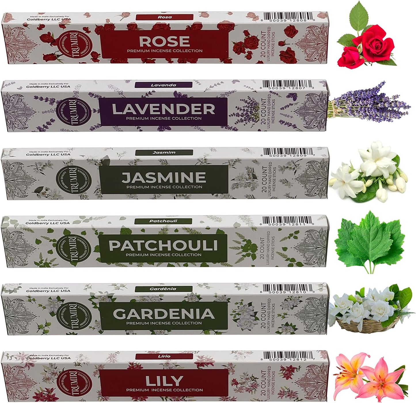 Floral Incense Sticks Variety Pack with Incense Holder - 6 Scents - 20 Sticks/Scent - Total 120 Sticks - Incienso Sahumerio Agarbatti Joss Sticks