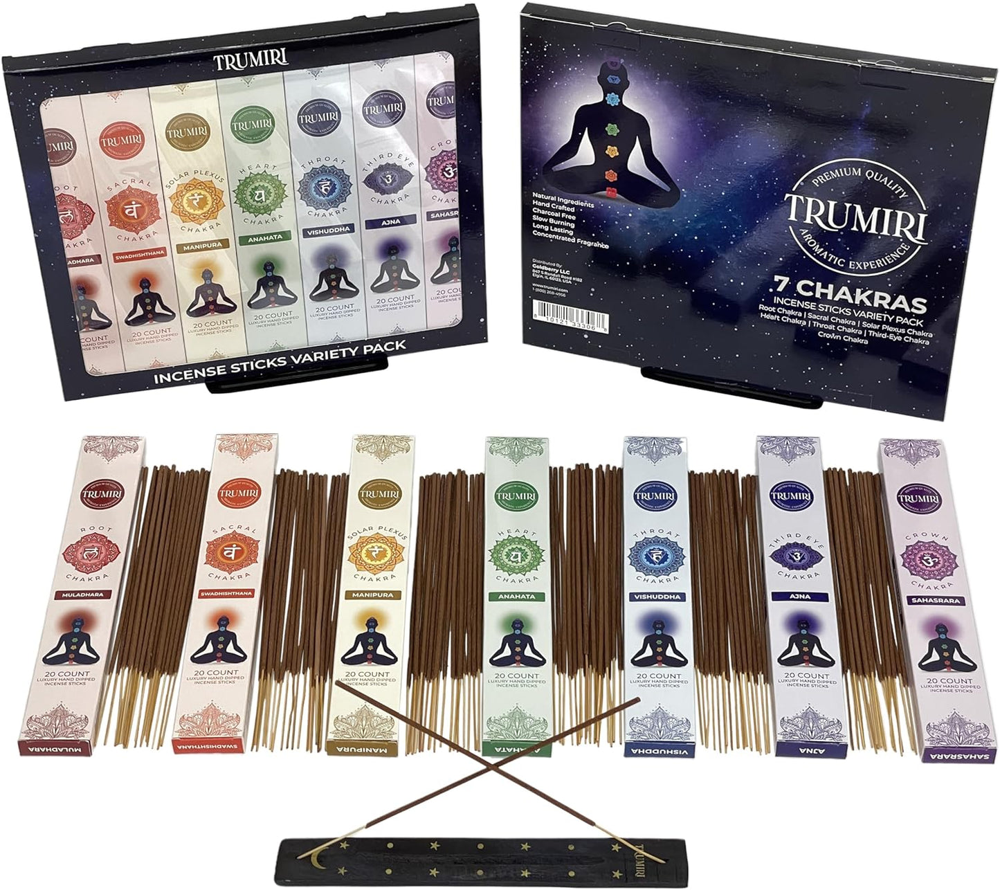 Chakra Incense Sticks Variety Pack with Incense Holder - 7 Scents - 20 Sticks/Scent - Total 140 Sticks - Incienso Sahumerio Agarbatti Joss Sticks