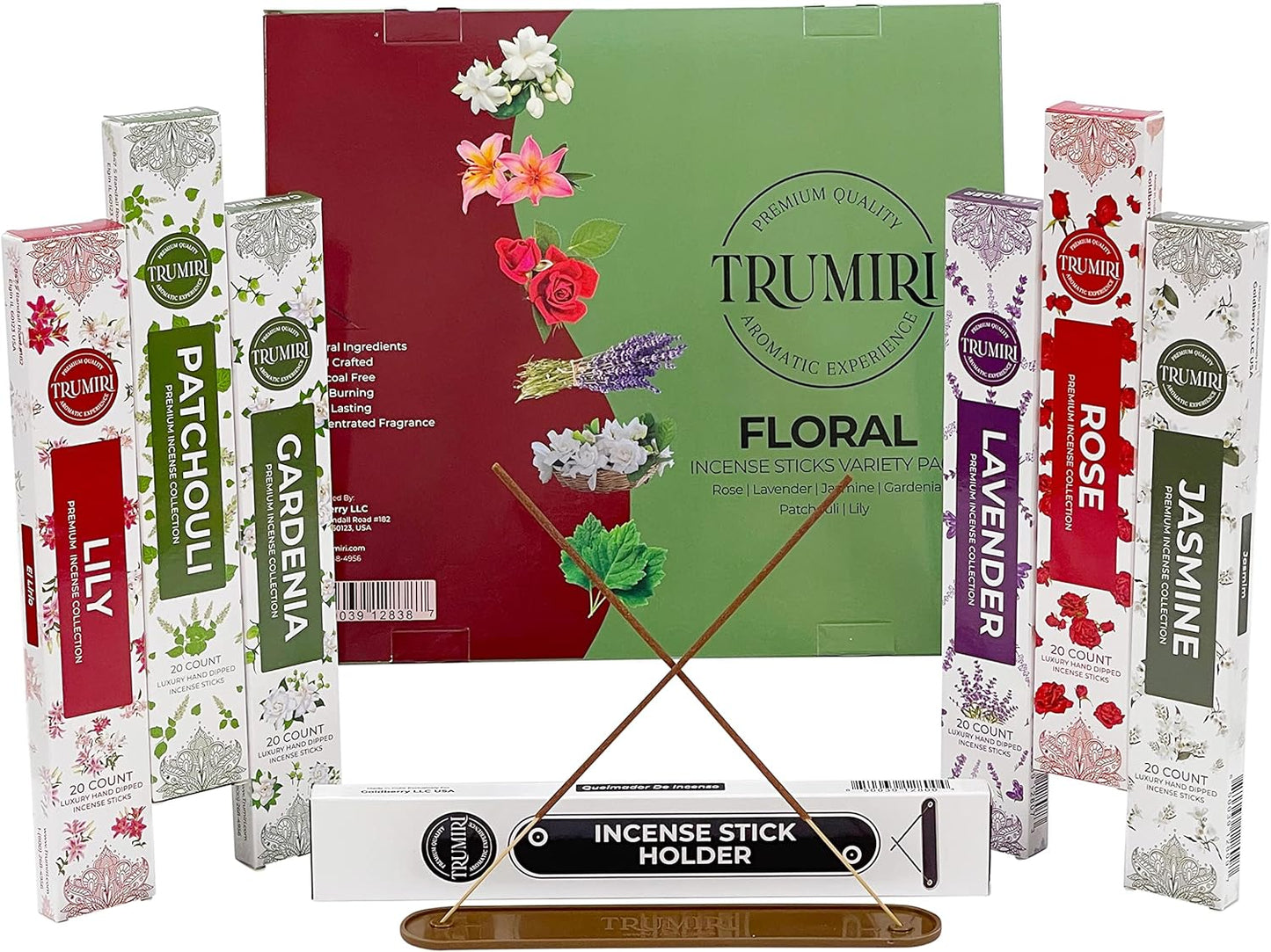 Floral Incense Sticks Variety Pack with Incense Holder - 6 Scents - 20 Sticks/Scent - Total 120 Sticks - Incienso Sahumerio Agarbatti Joss Sticks