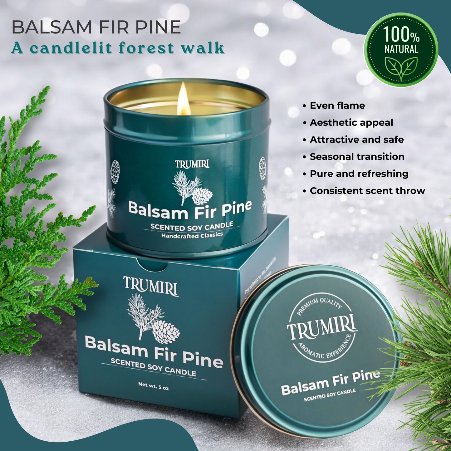 Balsam Fir Pine Scented Candle for Christmas Fall - Natural Non Toxic Soy Wax - Best Fragrant Essential Oils for Home Winter Holidays Luxury Gifts - Long Lasting 5oz