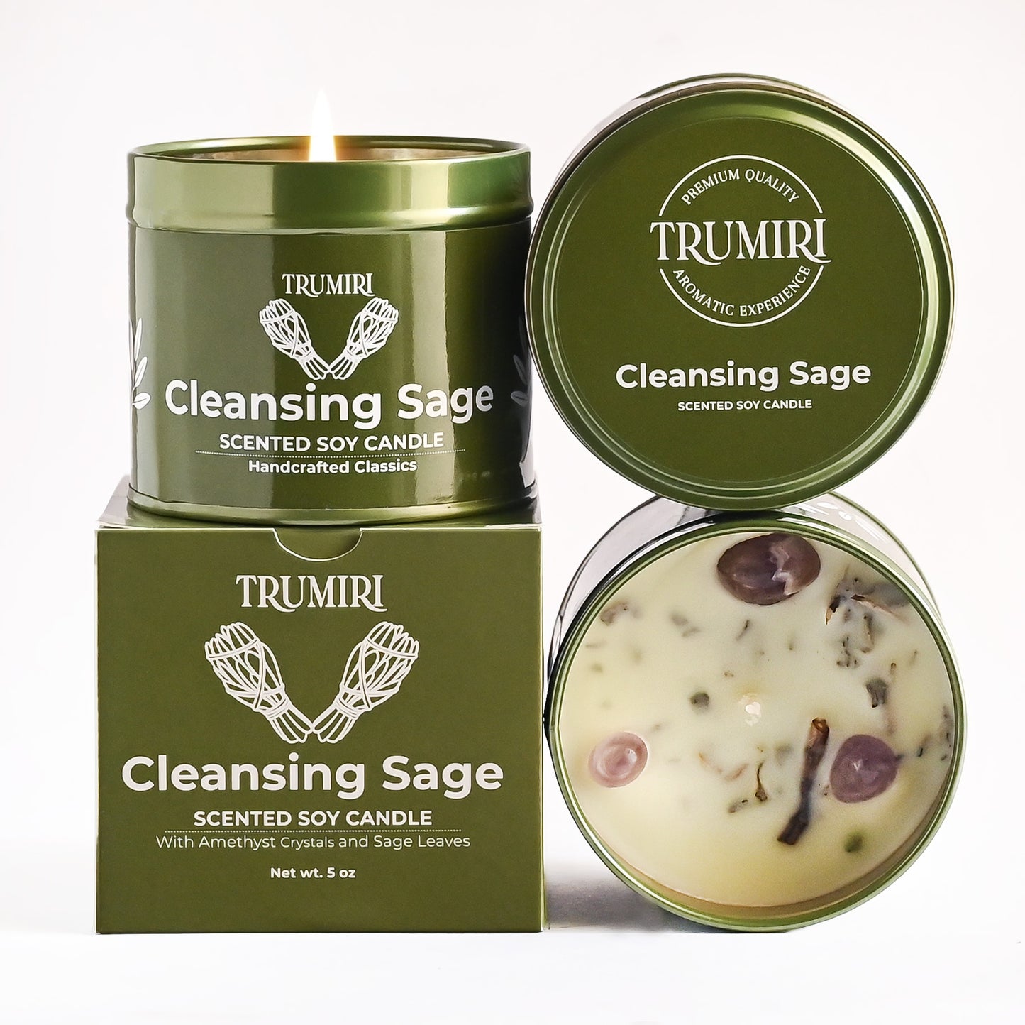 Cleansing Sage Candle with Crystals, Natural Non Toxic Soy Wax, Highly Fragrant Essential Oils, for Smudging and Removing Negative Energy from Home - Long Lasting 5oz