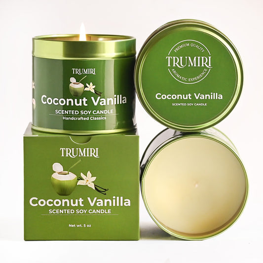 Coconut Vanilla Candle with Natural Non Toxic Soy Wax - Strong Scented Essential Oils - Home Spa Aromatherapy Meditation - Best Smelling Long Lasting 5oz