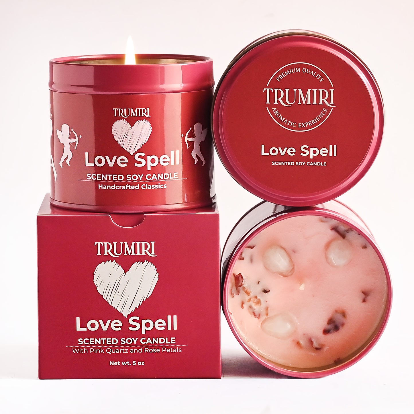 Love Spell - Scented Candle with Crystals, Rose Petals, Natural Non Toxic Soy Wax, Highly Fragrant Essential Oils for Romantic Valentines Gift Bedroom Bath - Long Lasting 5oz