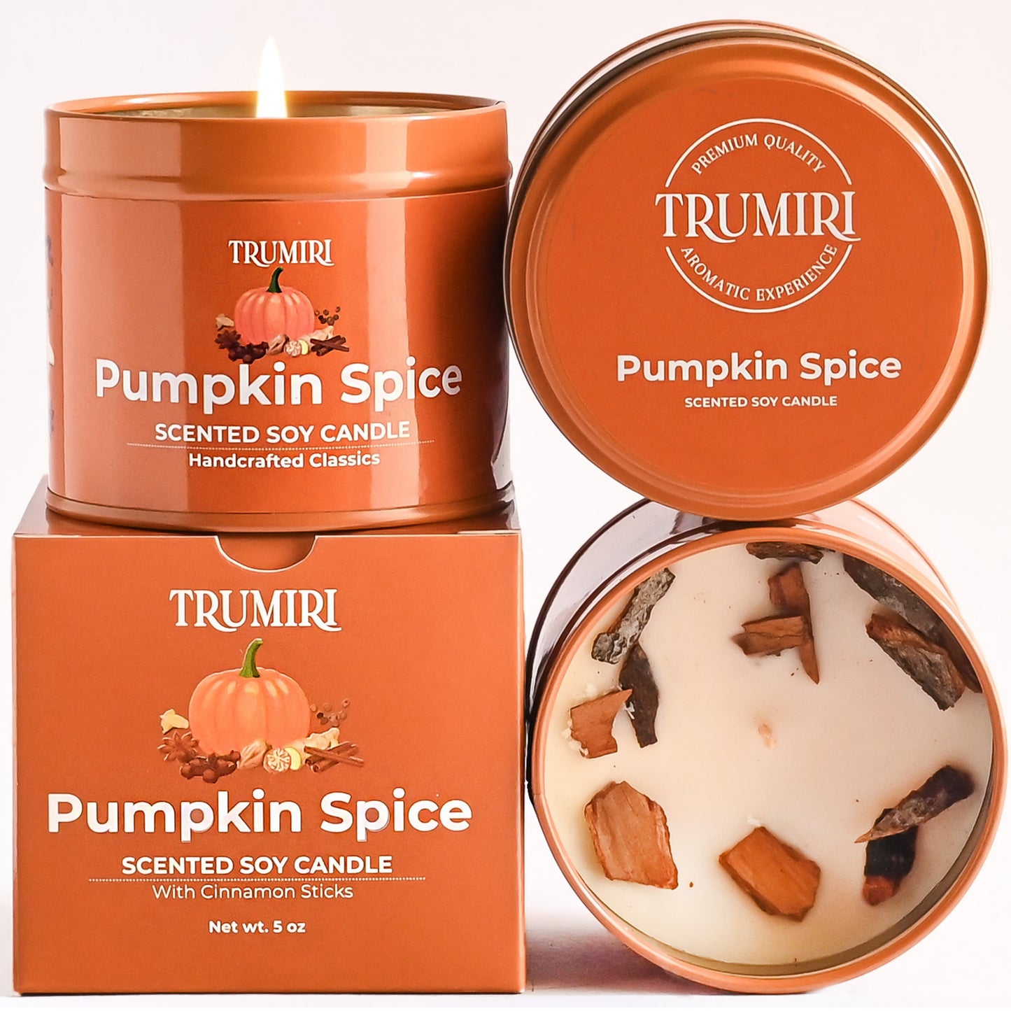 Pumpkin Spice Candle for Fall Christmas Holidays - Natural Non Toxic Soy Wax, Cinnamon and Essential oils - Highly Scented, Long Lasting - Luxury Gifts for Home Halloween Thanksgiving - 5oz