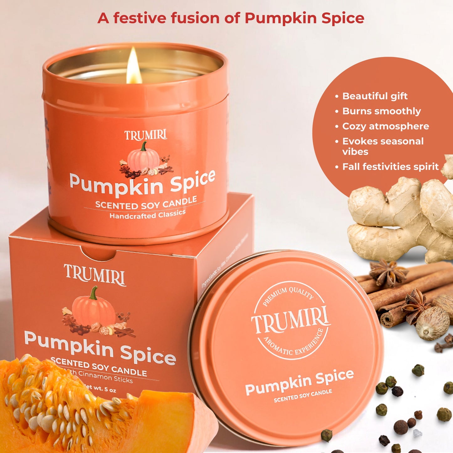 Pumpkin Spice Candle for Fall Christmas Holidays - Natural Non Toxic Soy Wax, Cinnamon and Essential oils - Highly Scented, Long Lasting - Luxury Gifts for Home Halloween Thanksgiving - 5oz