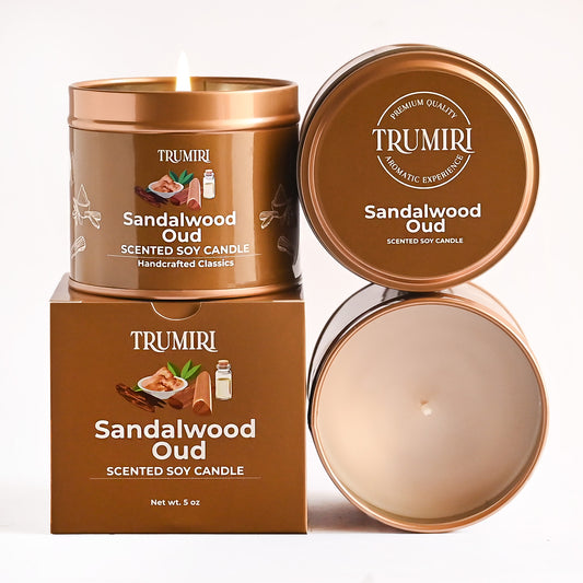 Sandalwood Oud Candle with Natural Non Toxic Vegan Soy Wax and Essential Oils - Highly Scented, Long Lasting - Gift for Men, Boys, Room Décor, Home - 5oz Travel Tin