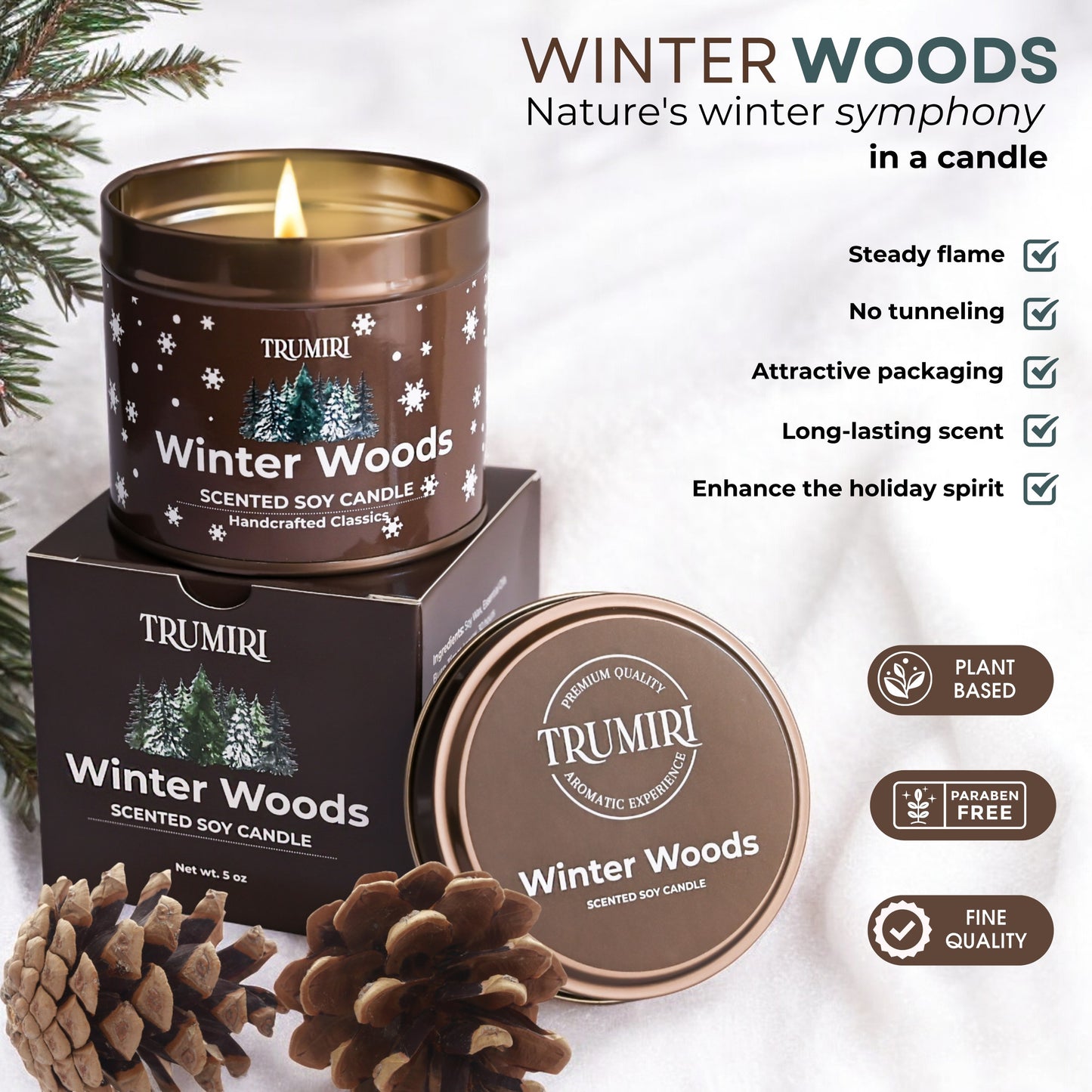 Winter Woods - Fall Scented Candle for Christmas Thanksgiving Holidays - Natural Non Toxic Vegan Soy Wax - Highly Fragrant Essential Oils - Home Gifts - 5oz Long Lasting